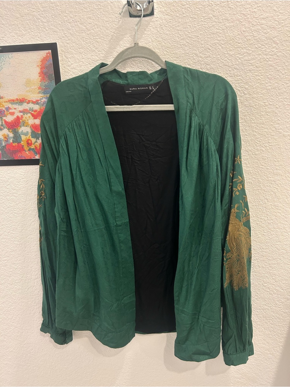 Zara Green Open-Front Jacket with Gold Peacock Embroidery L